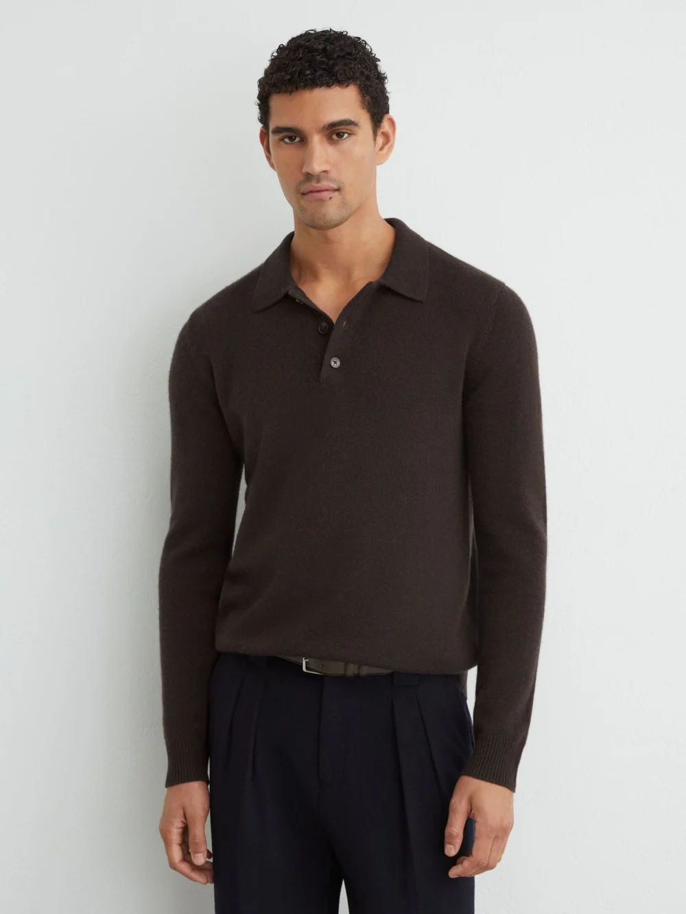 Reiss Chocolate Brown Cashmere Half-button Polo Shirt, view 4