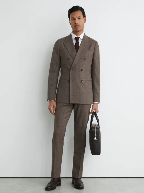 Reiss Chocolate Brown Classic Fit Wool-blend Check Suit Trousers
