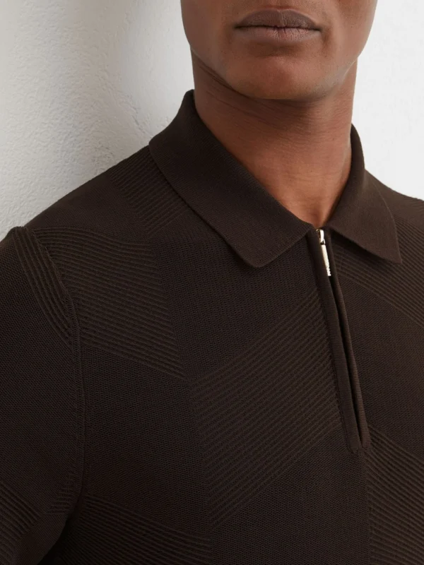 Reiss Chocolate Brown Cotton-blend Chevron-knit Half-zip Polo Shirt