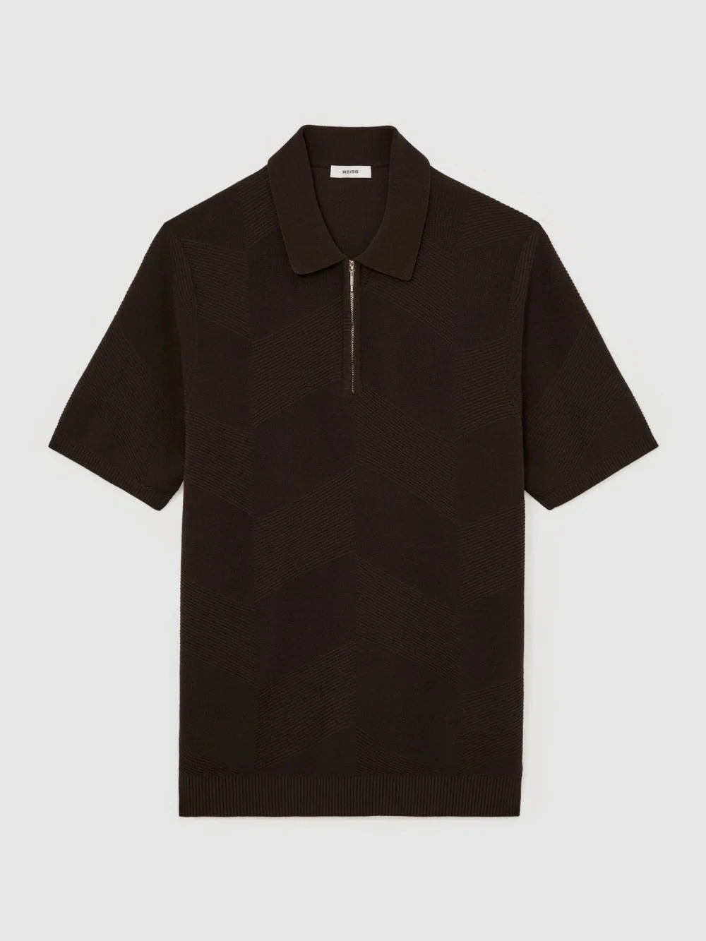 Reiss Chocolate Brown Cotton-blend Chevron-knit Half-zip Polo Shirt, view 2