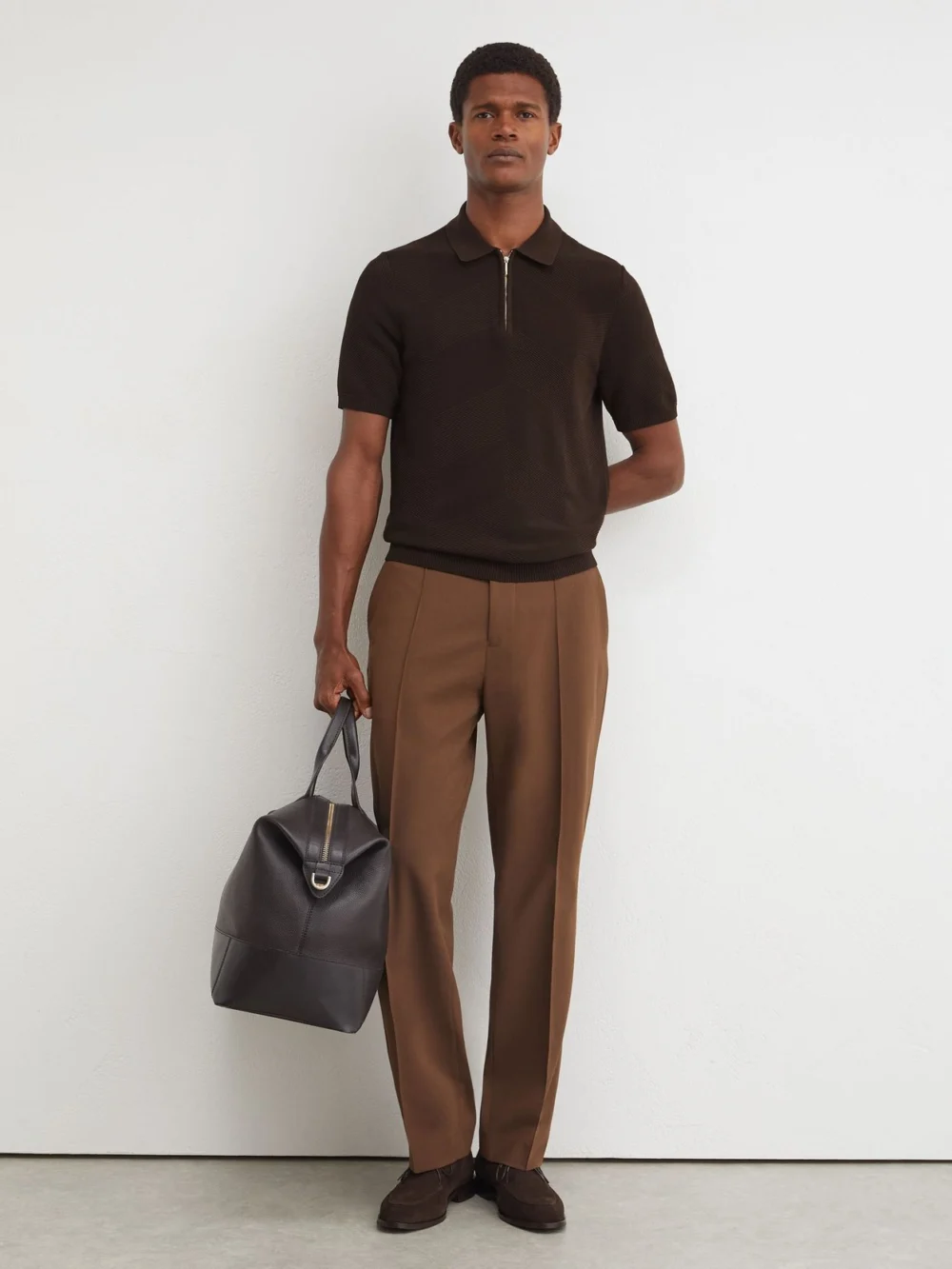 Reiss Chocolate Brown Cotton-blend Chevron-knit Half-zip Polo Shirt, view 4