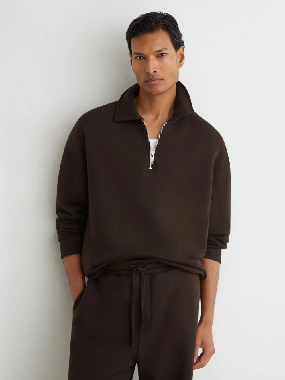 Reiss Chocolate Brown Cotton-blend Heavyweight Zip Sweatshirt