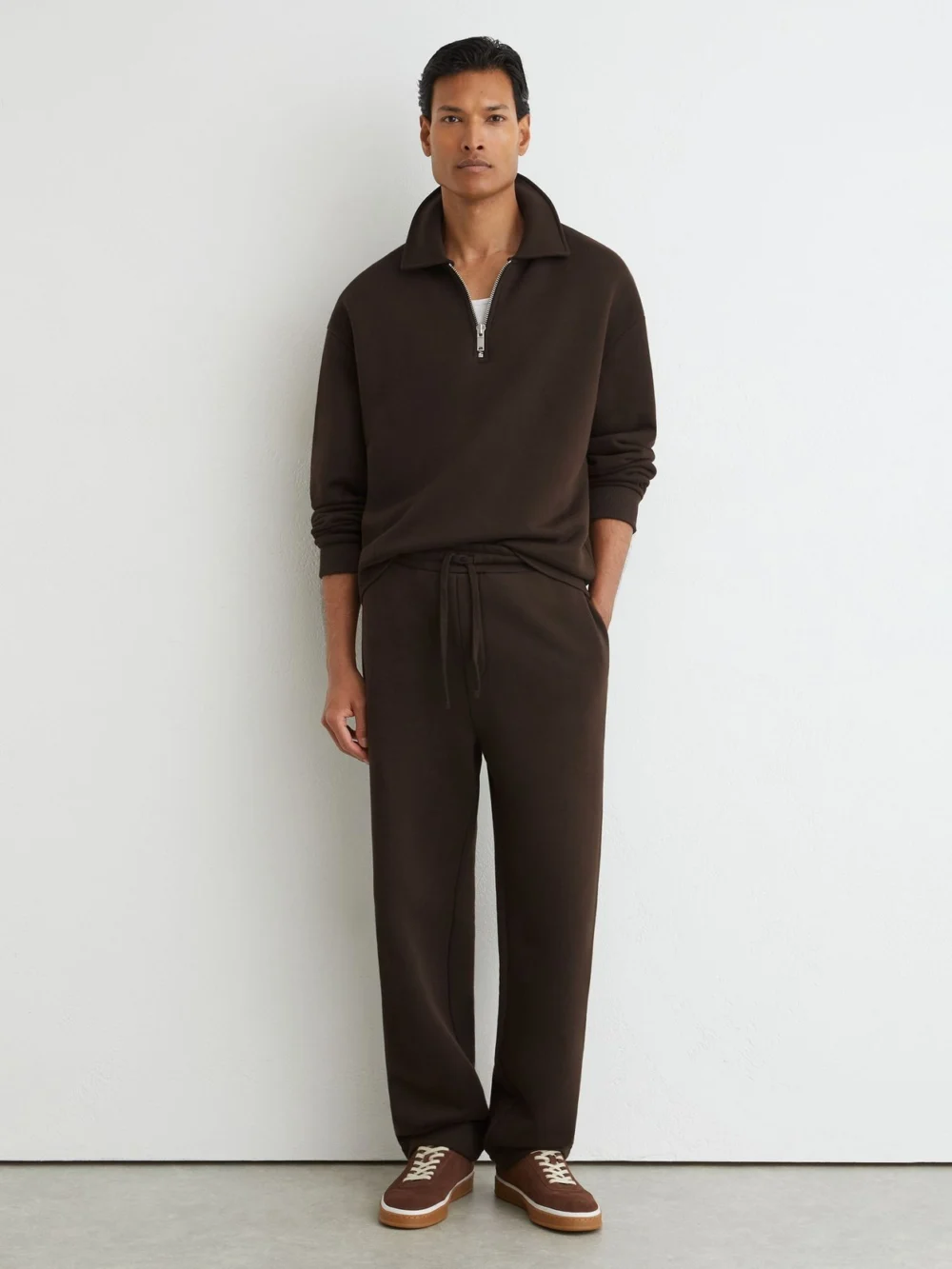 Reiss Chocolate Brown Cotton-blend Heavyweight Zip Sweatshirt, view 3