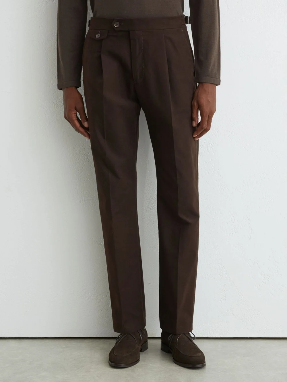 Reiss Chocolate Brown Cotton-blend Moleskin Tapered Trousers, view 3