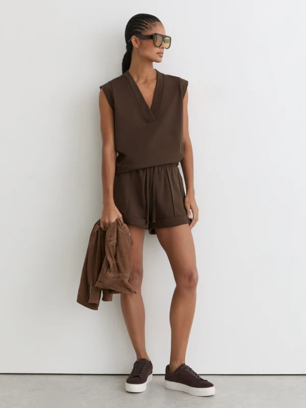 Reiss Chocolate Brown Cotton-blend Sleeveless V-neck Sweat Top