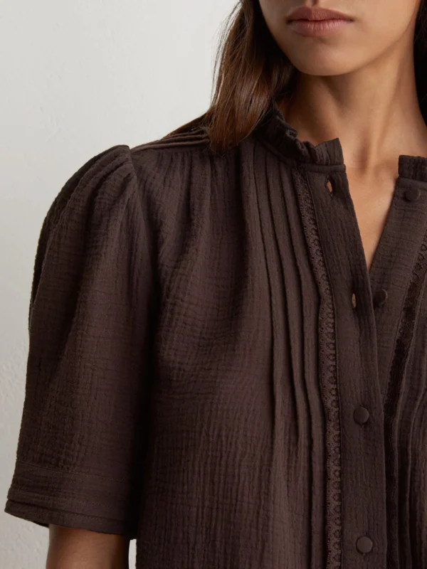 Reiss Chocolate Brown Cotton Cheesecloth Frill-neck Top