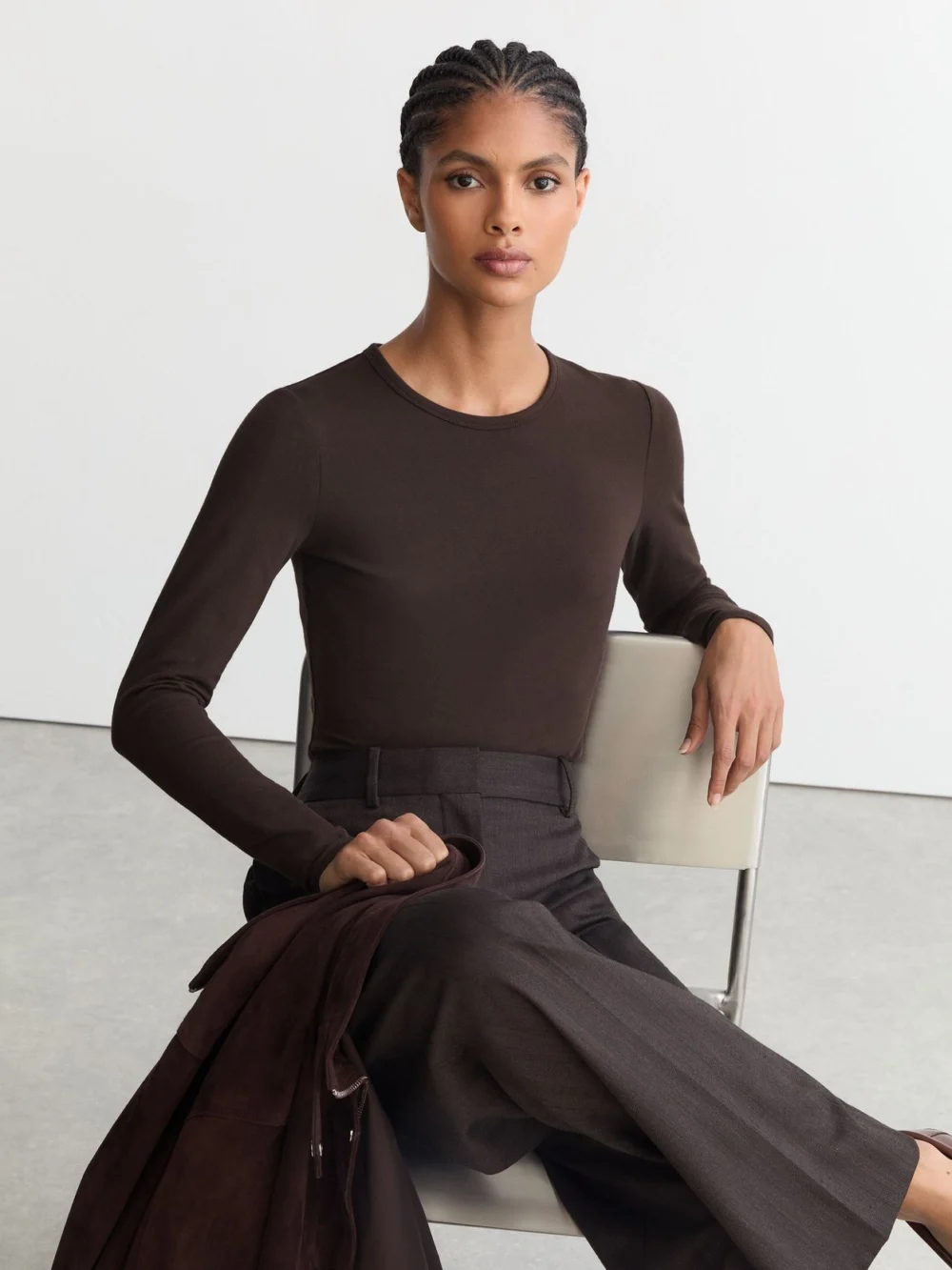 Reiss Chocolate Brown Cotton Crew-neck Long-sleeve T-shirt with Stretch