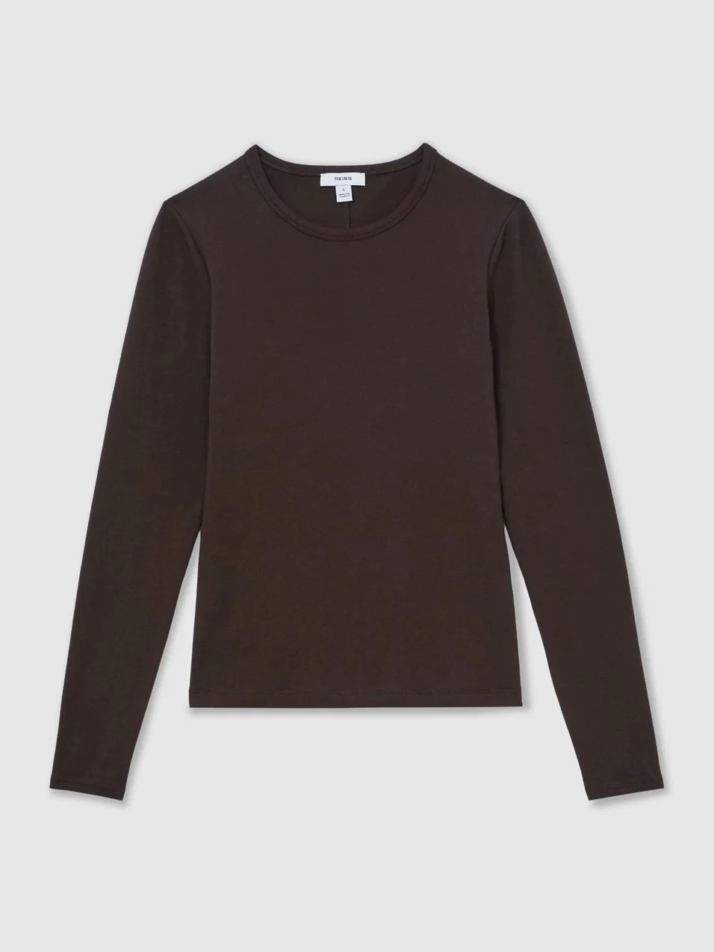 Reiss Chocolate Brown Cotton Crew-neck Long-sleeve T-shirt with Stretch, view 2