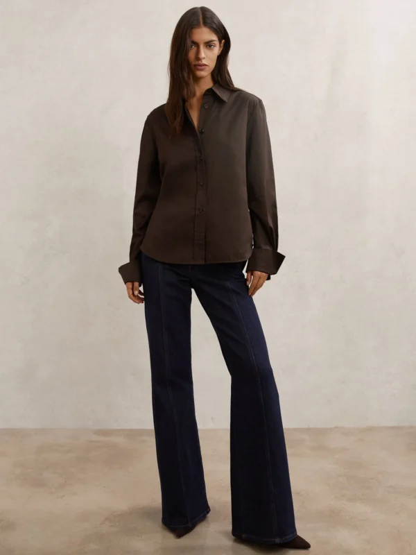 Reiss Chocolate Brown Cotton-sateen Folded-cuff Shirt