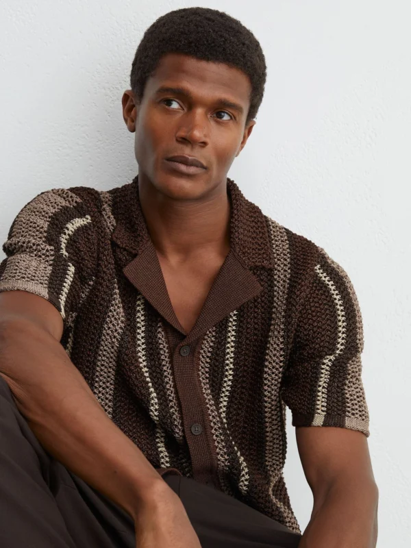 Reiss Chocolate Brown Crochet Stripe Cuban-collar Shirt