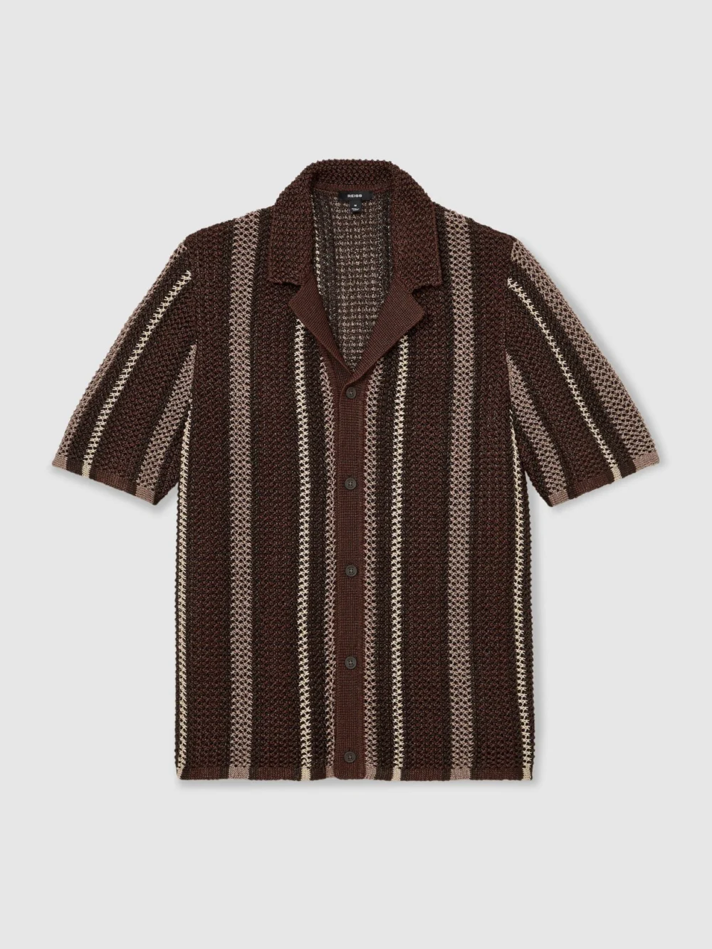 Reiss Chocolate Brown Crochet Stripe Cuban-collar Shirt, view 2