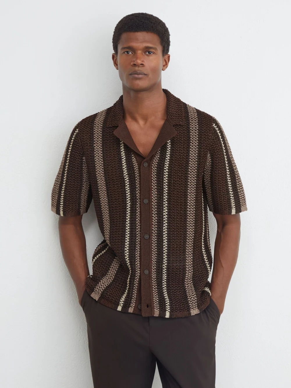 Reiss Chocolate Brown Crochet Stripe Cuban-collar Shirt, view 3