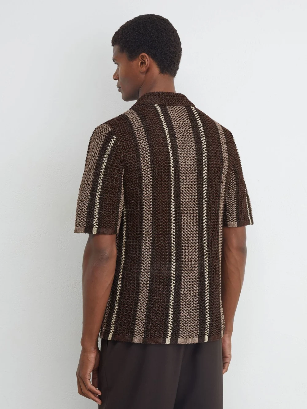 Reiss Chocolate Brown Crochet Stripe Cuban-collar Shirt, view 4
