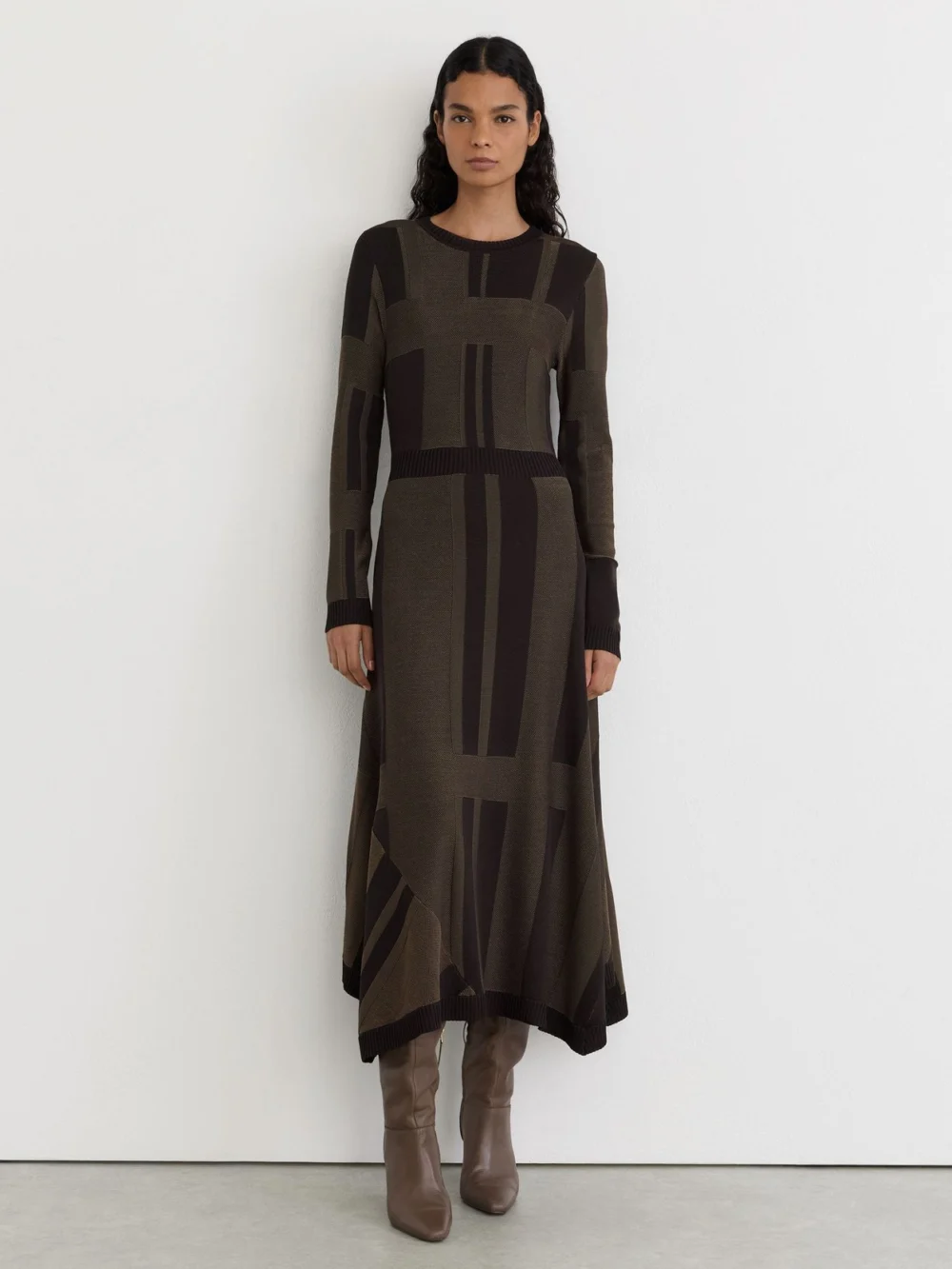 Reiss Chocolate Brown Geometric-knit Long-sleeve Midi Dress