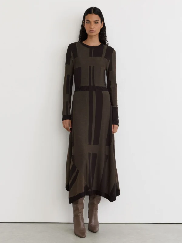 Reiss Chocolate Brown Geometric-knit Long-sleeve Midi Dress