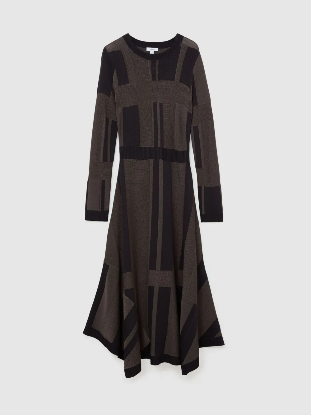 Reiss Chocolate Brown Geometric-knit Long-sleeve Midi Dress, view 2