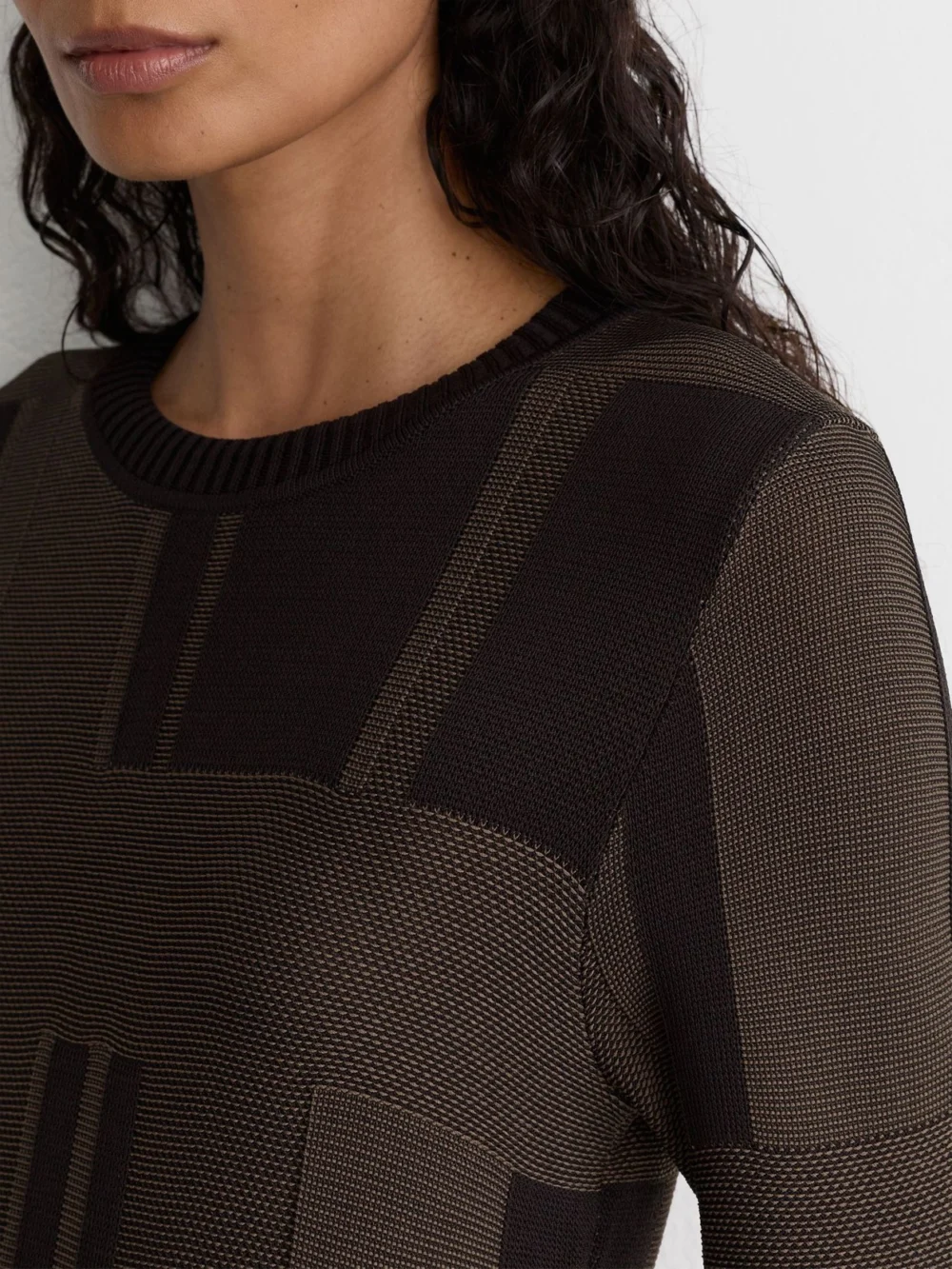 Reiss Chocolate Brown Geometric-knit Long-sleeve Midi Dress, view 3