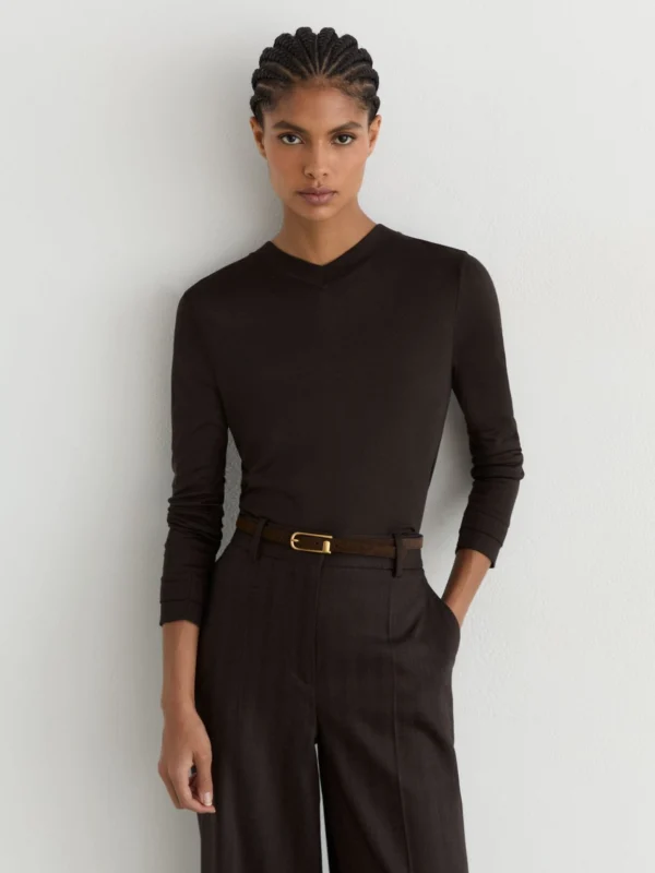 Reiss Chocolate Brown High V-neck Long-sleeve Top