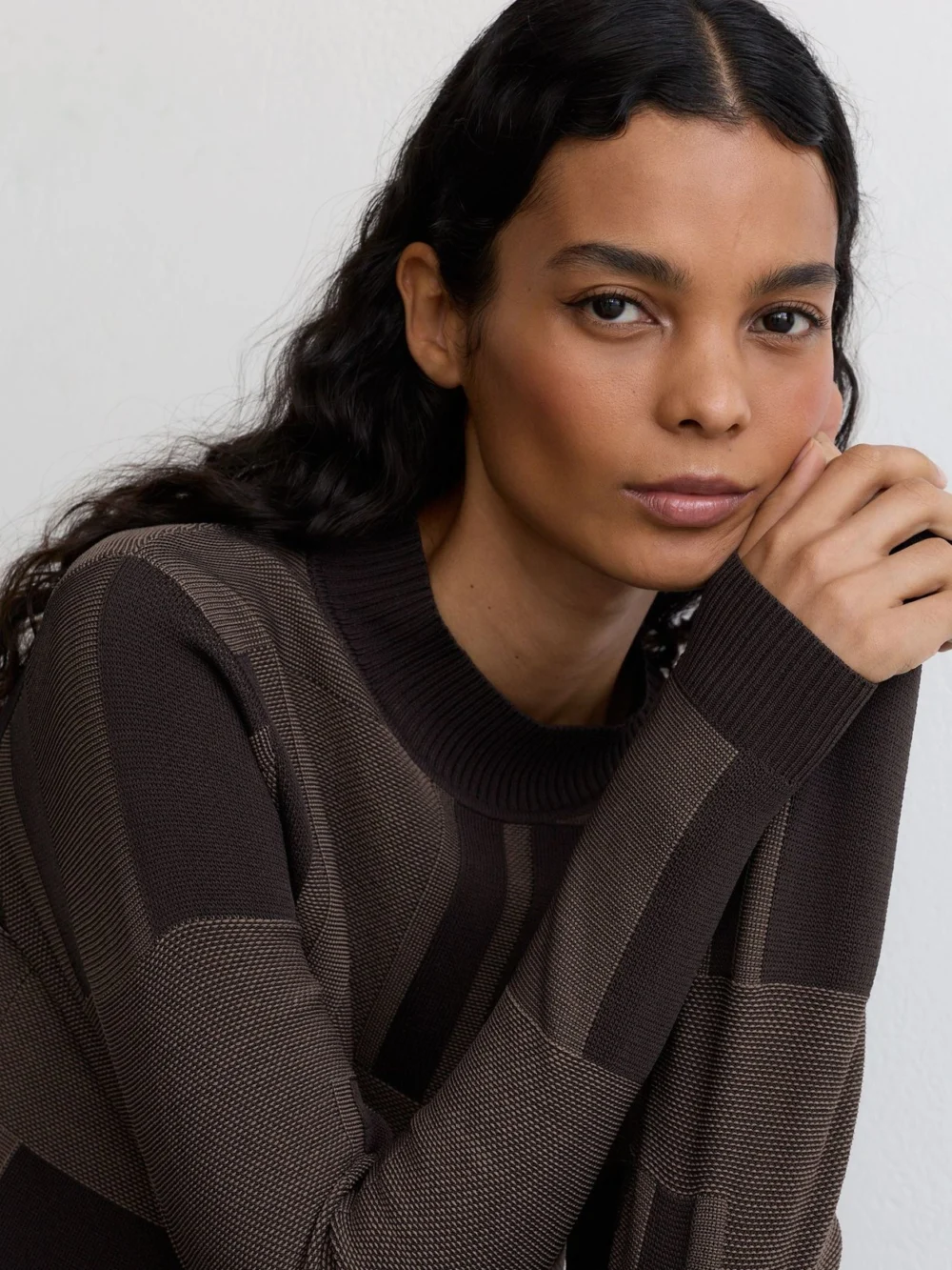 Reiss Chocolate Brown Jacquard-knit Mock-neck Jumper