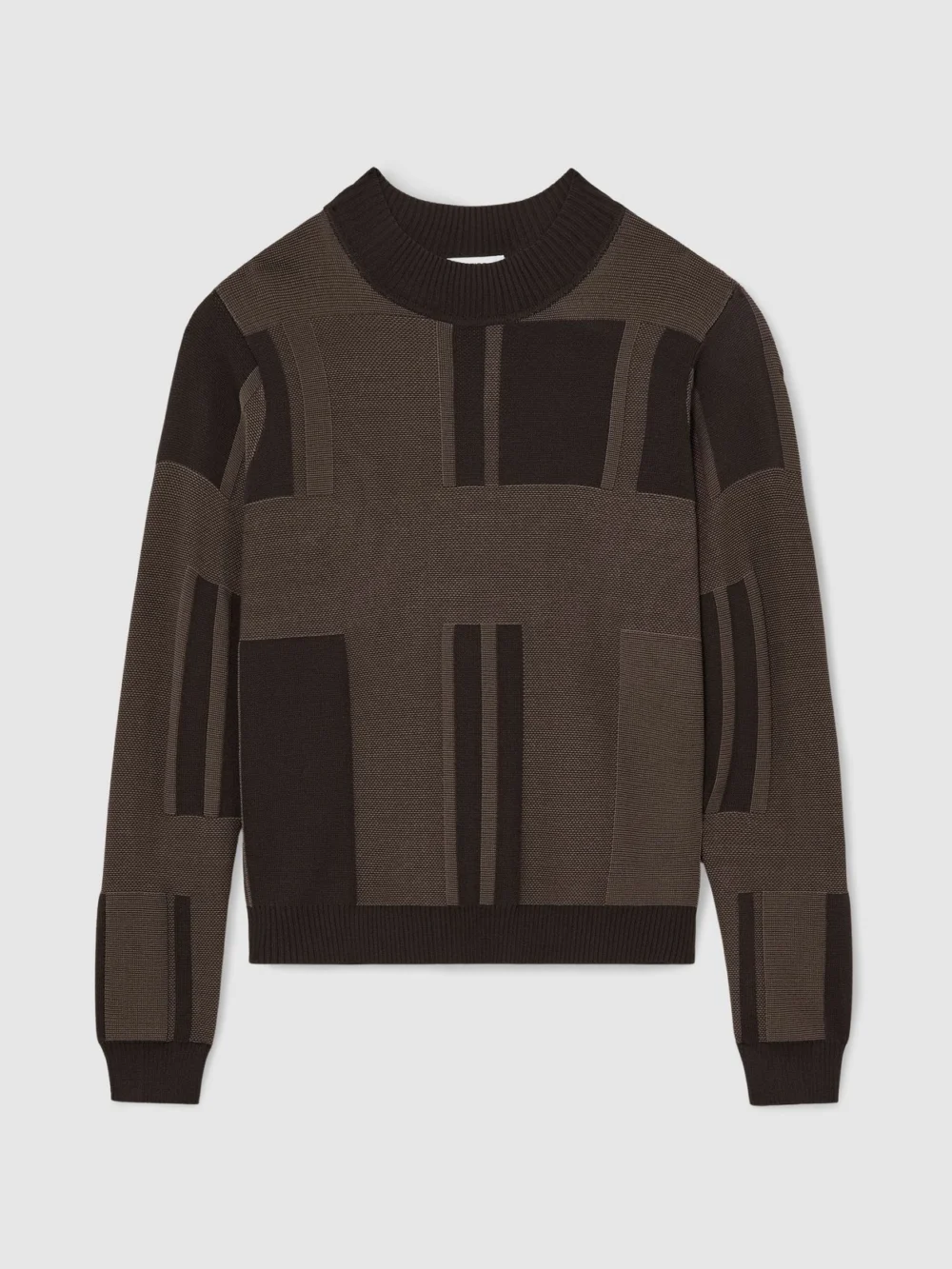 Reiss Chocolate Brown Jacquard-knit Mock-neck Jumper, view 2