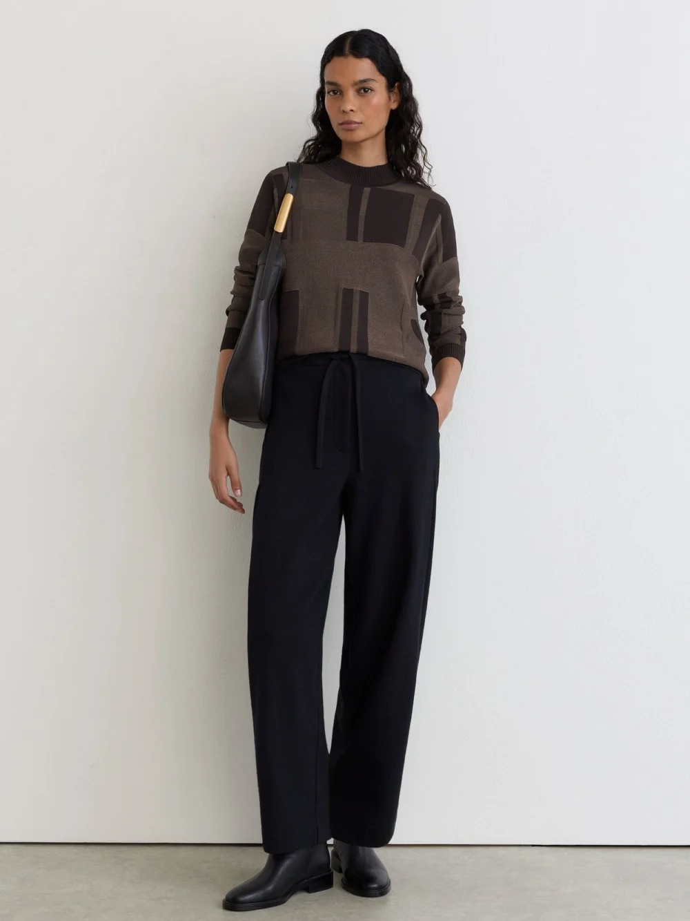 Reiss Chocolate Brown Jacquard-knit Mock-neck Jumper, view 3