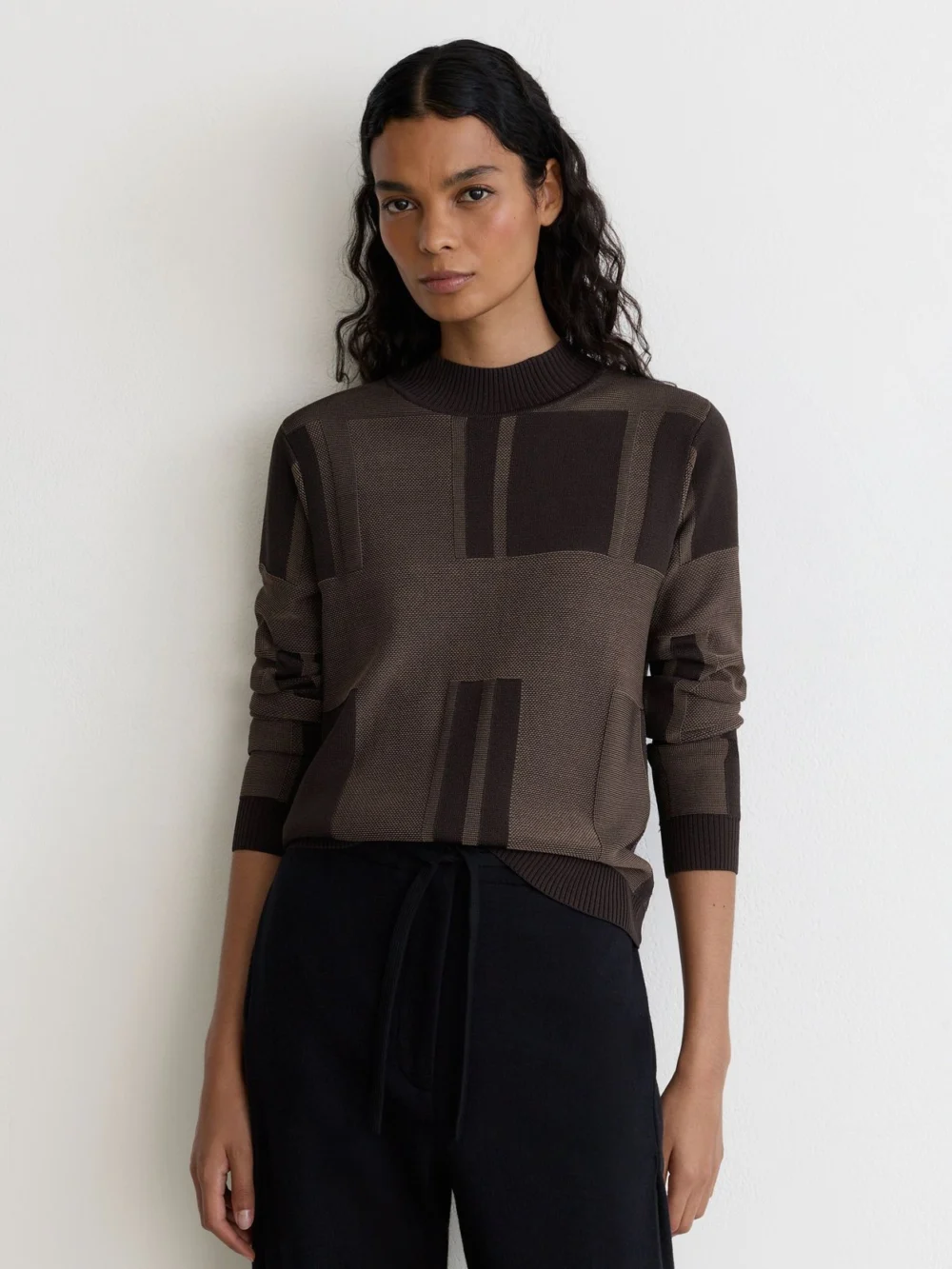 Reiss Chocolate Brown Jacquard-knit Mock-neck Jumper, view 4