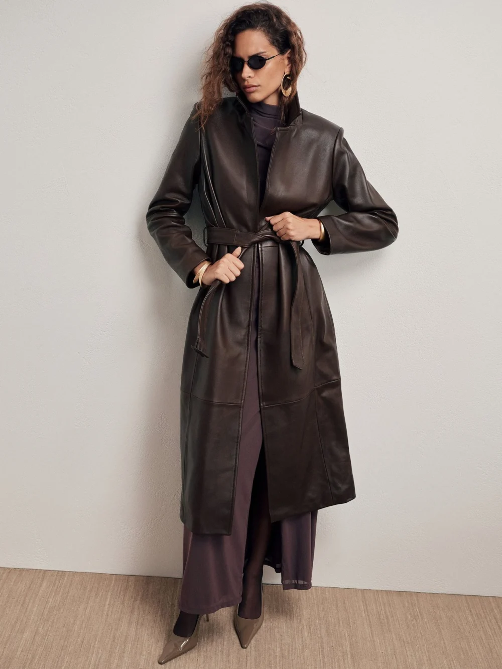 Reiss Chocolate Brown Leather Belted Trench Coat
