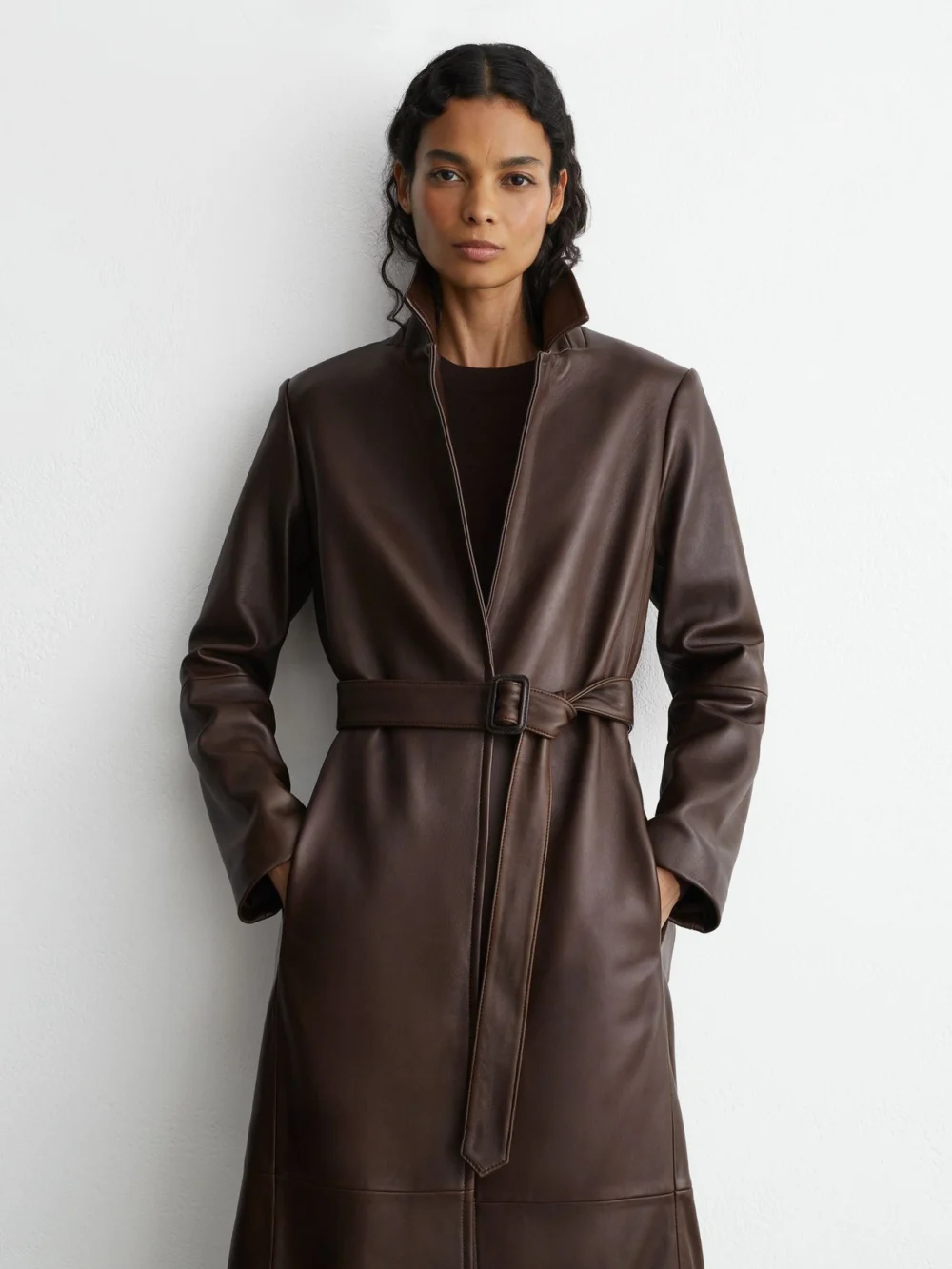 Reiss Chocolate Brown Leather Belted Trench Coat, view 2