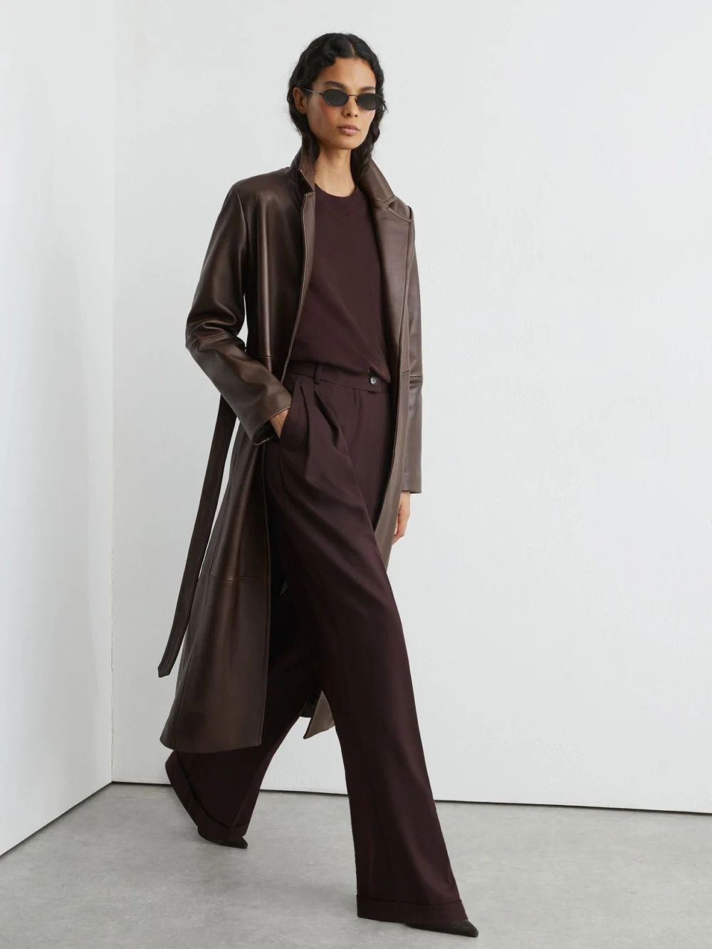 Reiss Chocolate Brown Leather Belted Trench Coat, view 3