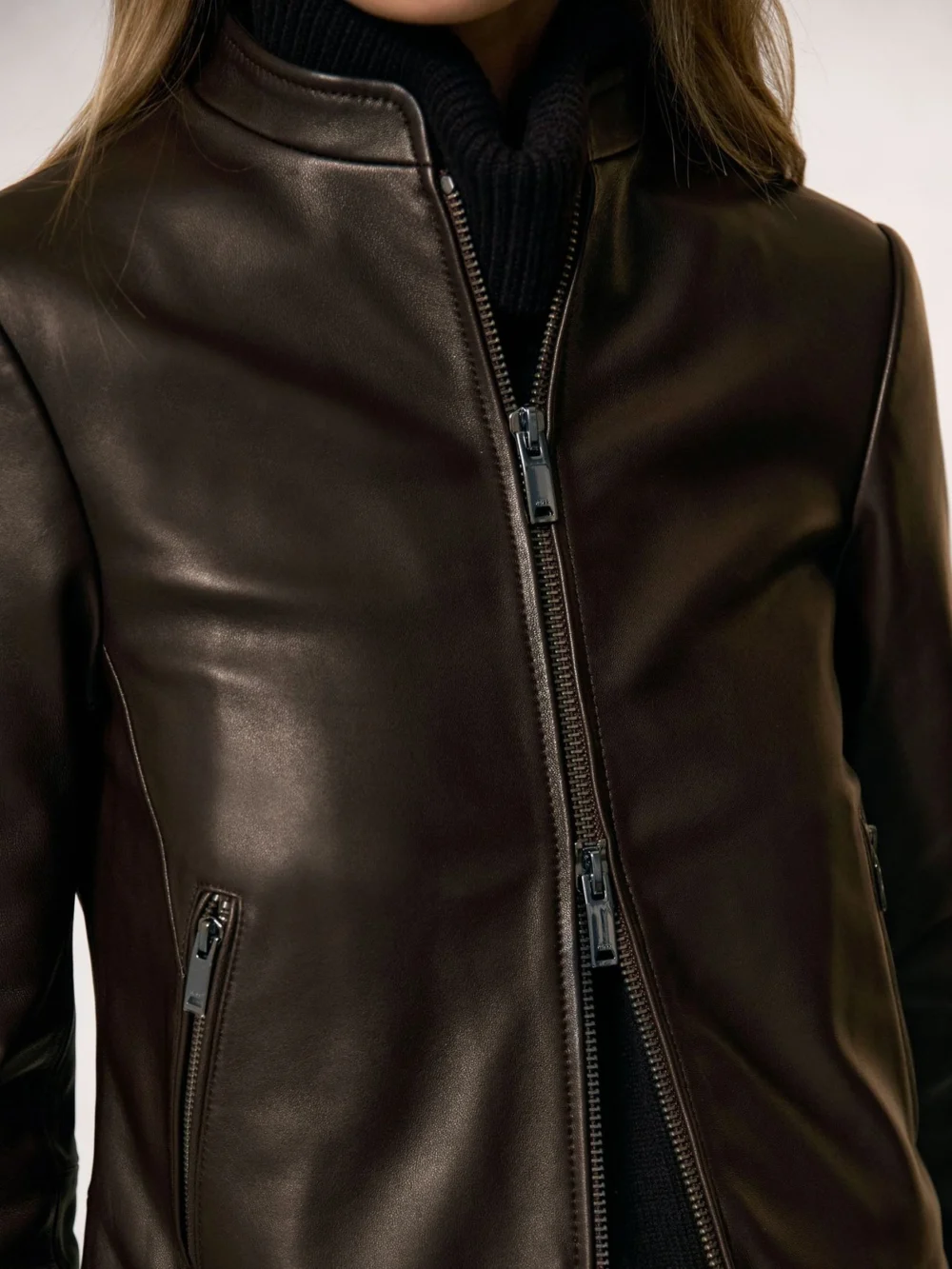 Reiss Chocolate Brown Leather Collarless Biker Jacket, view 4