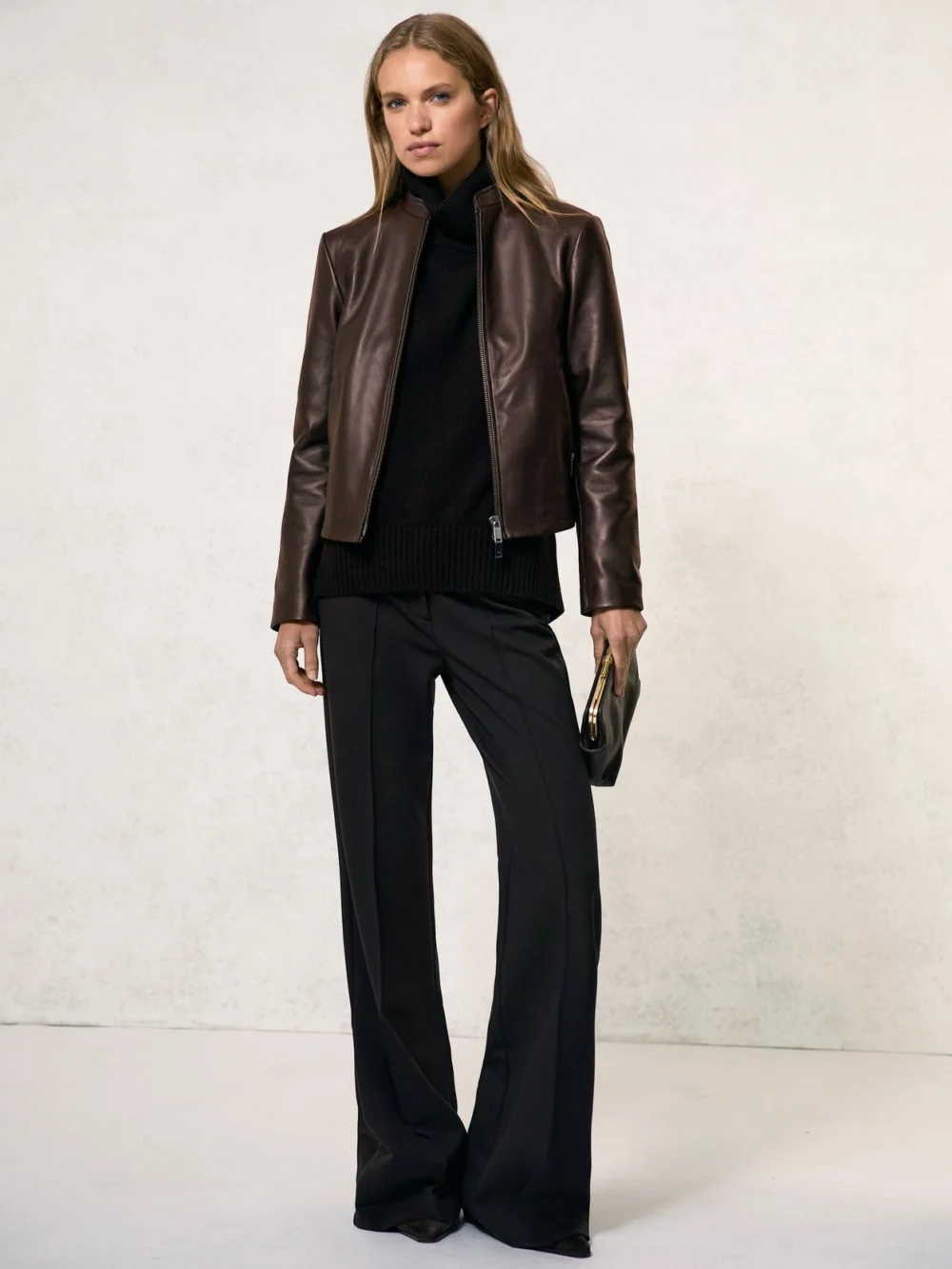 Reiss Chocolate Brown Leather Collarless Biker Jacket, view 5