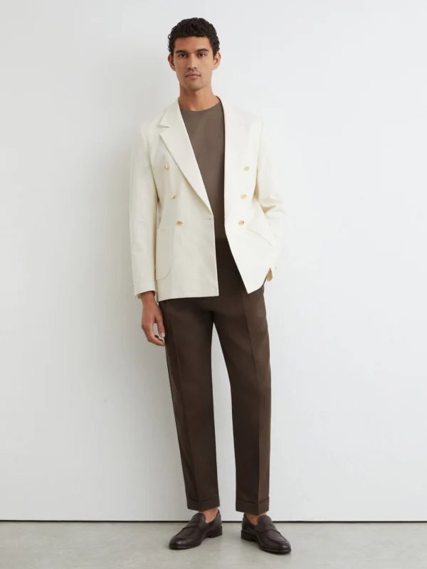 Reiss Chocolate Brown Linen-blend Side-adjuster Tapered Trousers