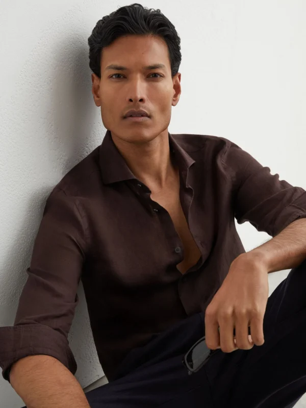 Reiss Chocolate Brown Linen Regular-fit Long-sleeve Shirt