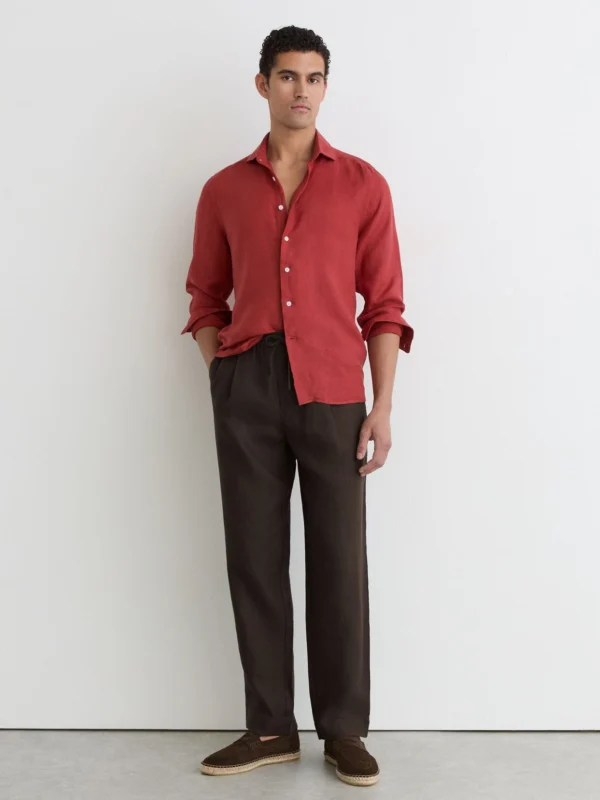 Reiss Chocolate Brown Linen Relaxed-fit Drawstring Trousers