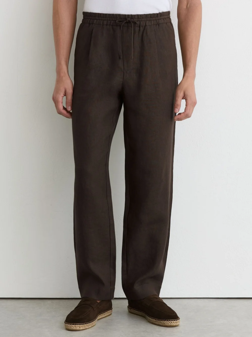 Reiss Chocolate Brown Linen Relaxed-fit Drawstring Trousers, view 3