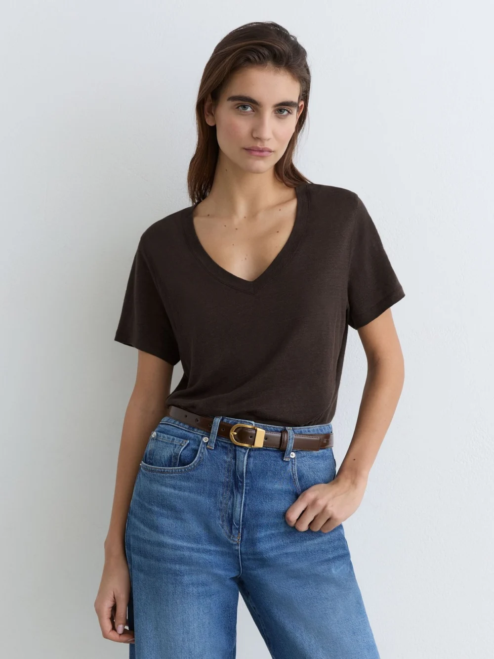 Reiss Chocolate Brown Linen V-neck T-shirt