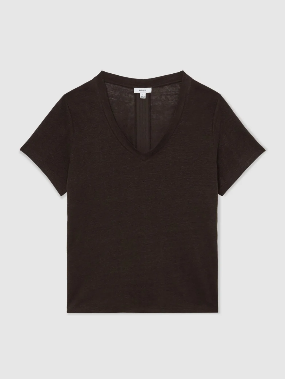 Reiss Chocolate Brown Linen V-neck T-shirt, view 2
