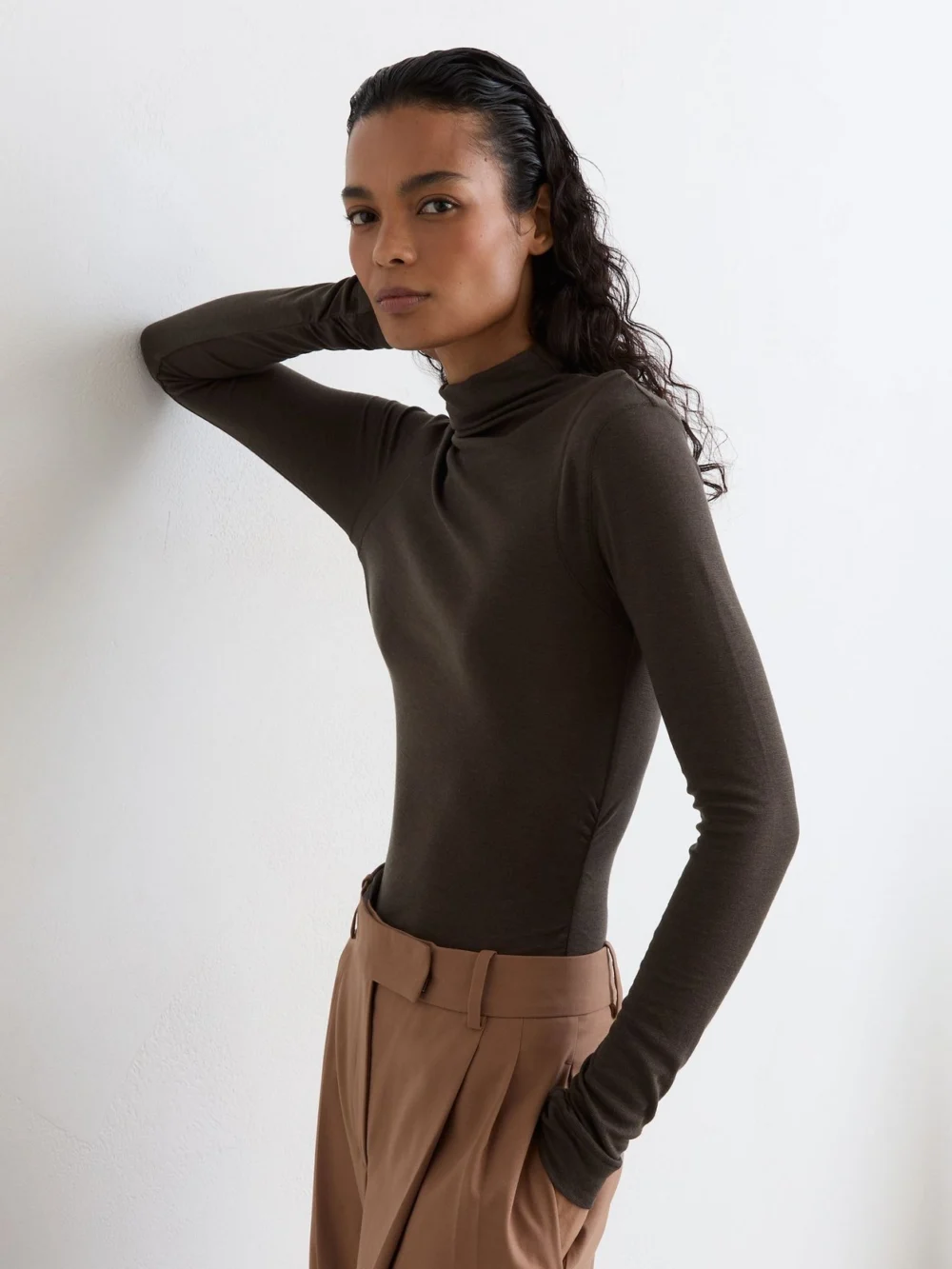 Reiss Chocolate Brown Lyocell-wool Ruched Mock-neck Top