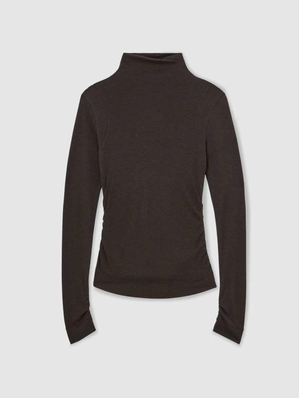 Reiss Chocolate Brown Lyocell-wool Ruched Mock-neck Top, view 2