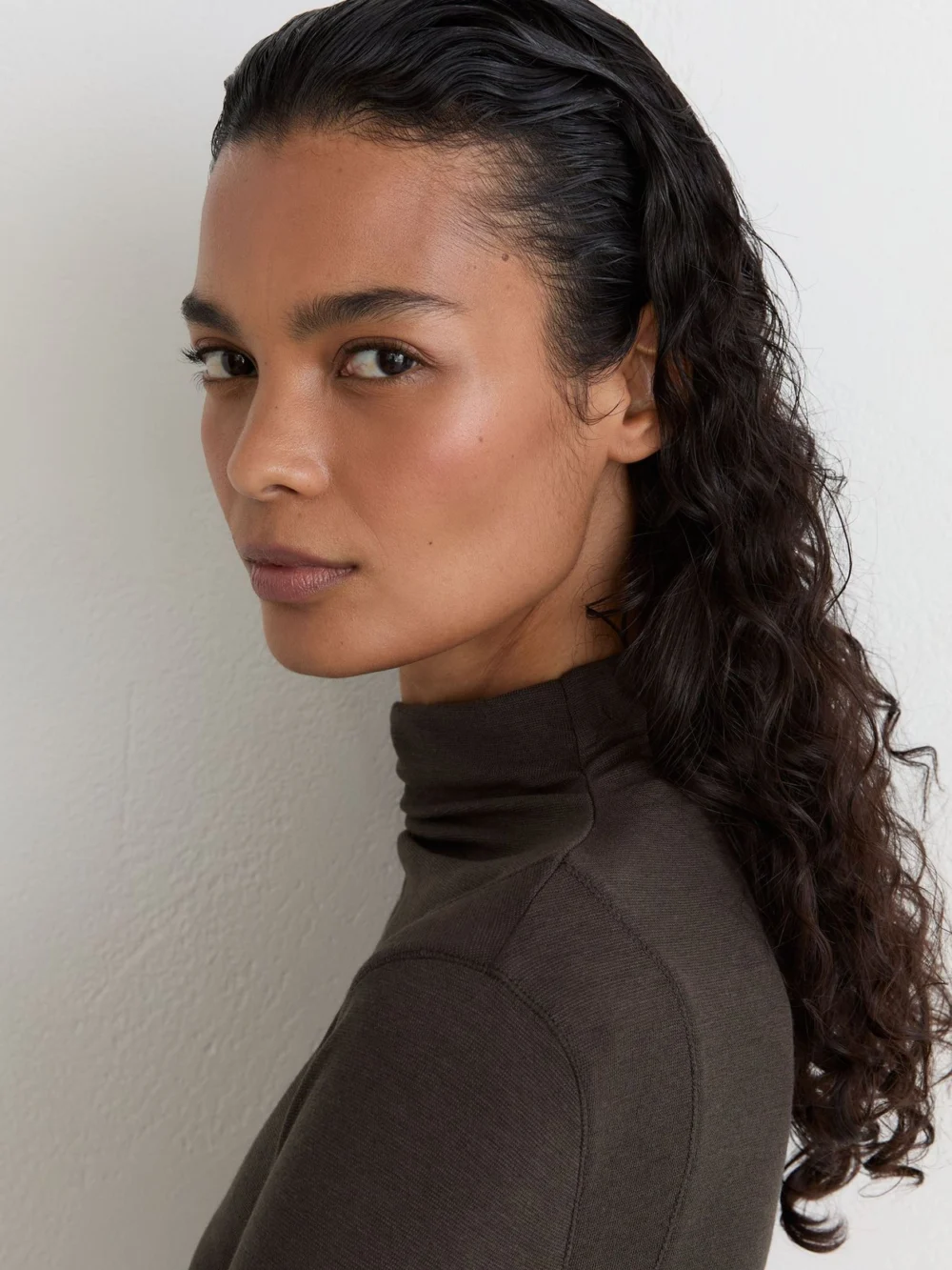 Reiss Chocolate Brown Lyocell-wool Ruched Mock-neck Top, view 3
