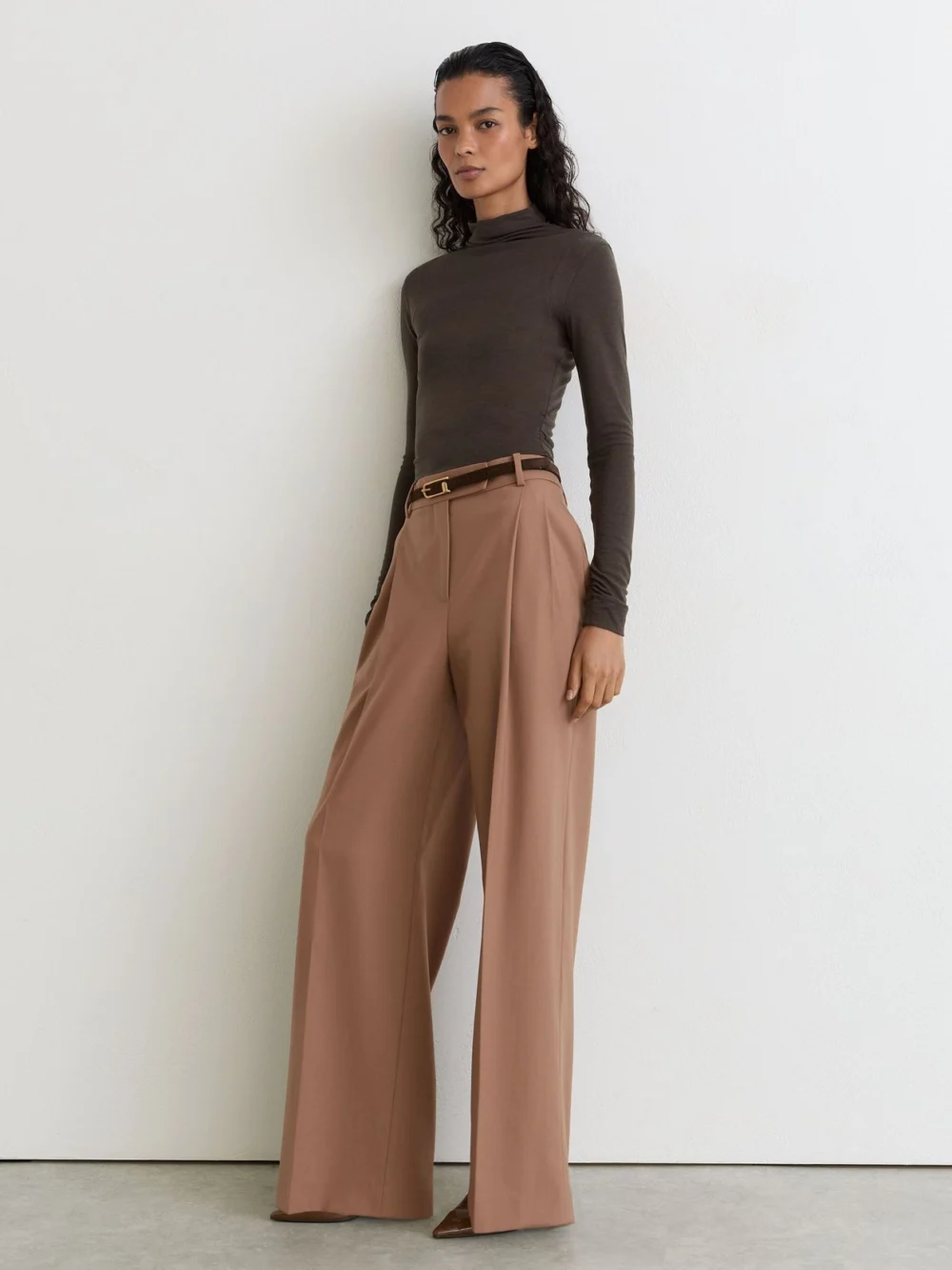 Reiss Chocolate Brown Lyocell-wool Ruched Mock-neck Top, view 4