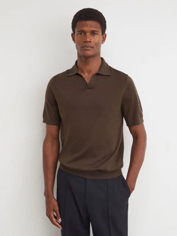 Reiss Chocolate Brown Merino Wool Open-collar Polo Shirt