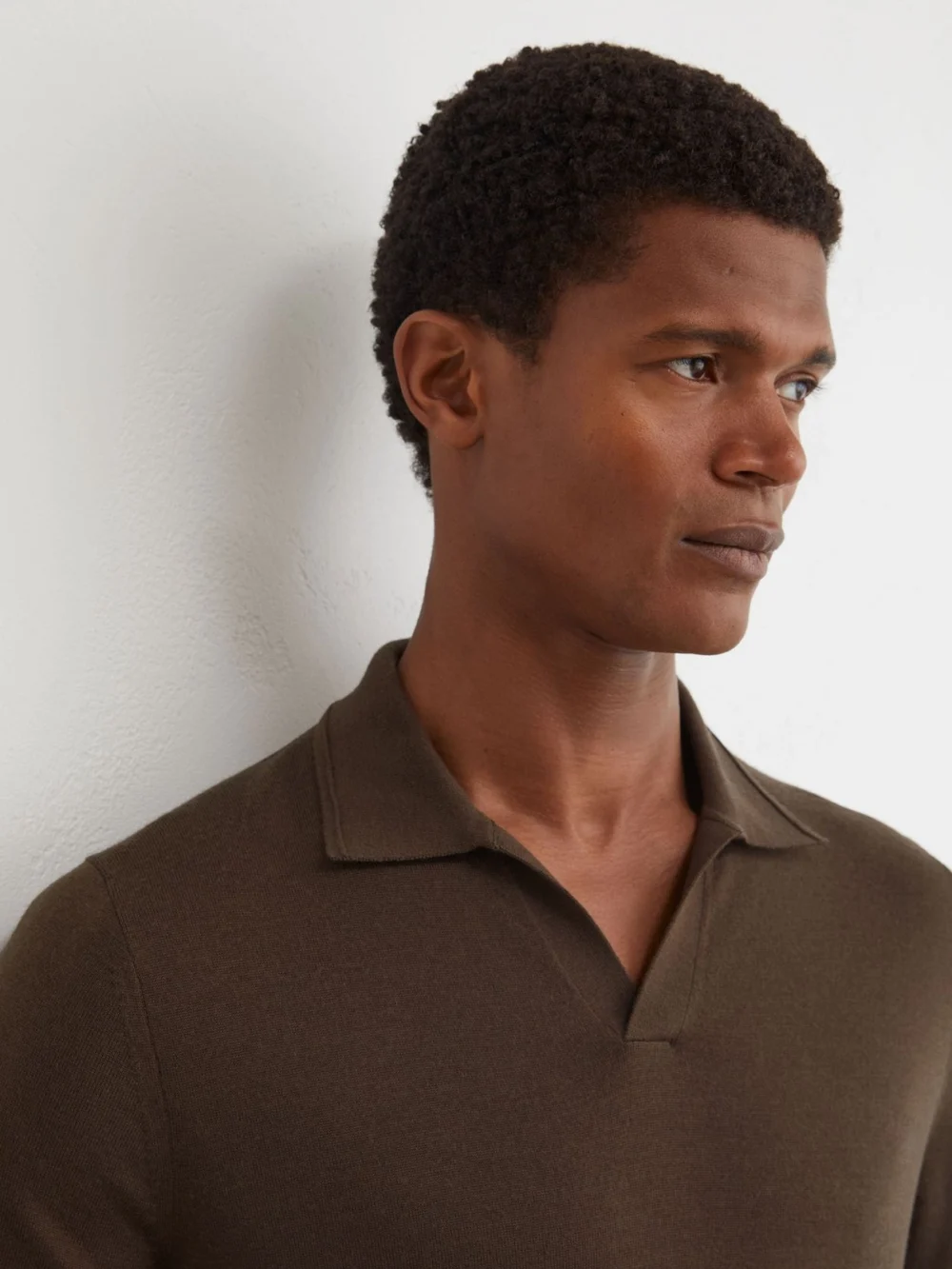 Reiss Chocolate Brown Merino Wool Open-collar Polo Shirt, view 3