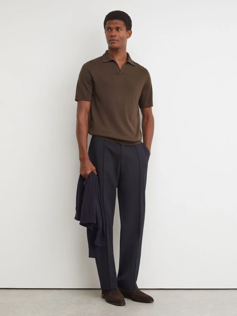 Reiss Chocolate Brown Merino Wool Open-collar Polo Shirt, view 4