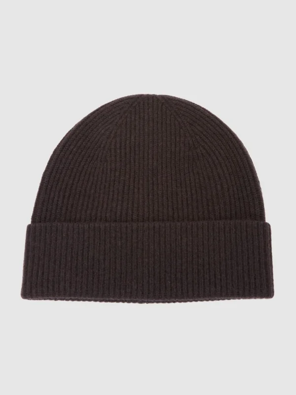 Reiss Chocolate Brown Merino Wool Rib-knit Beanie,