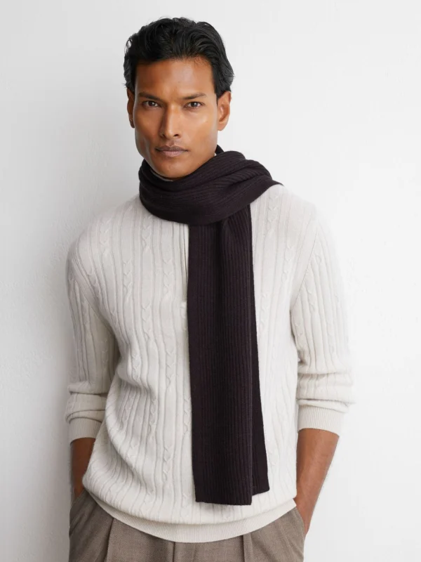 Reiss Chocolate Brown Merino Wool Rib-knit Scarf,