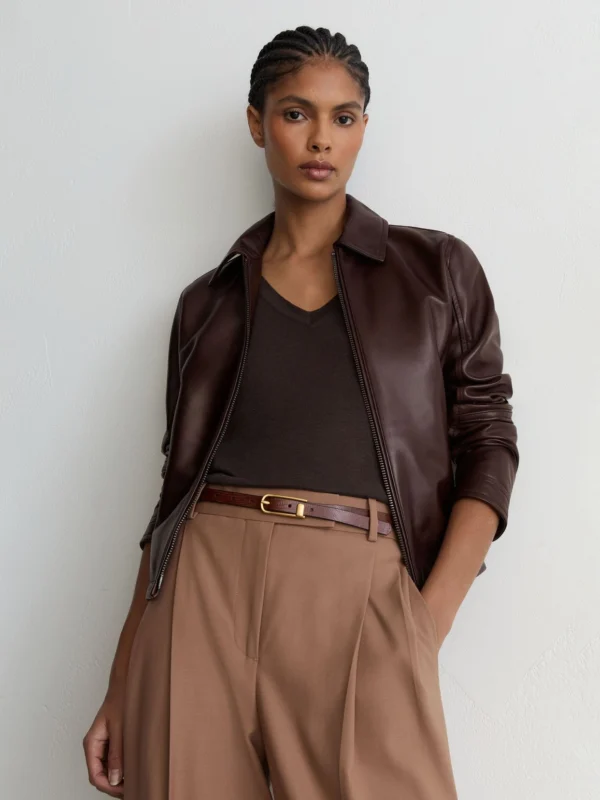Reiss Chocolate Brown Petite Leather Zip-through Moto Jacket