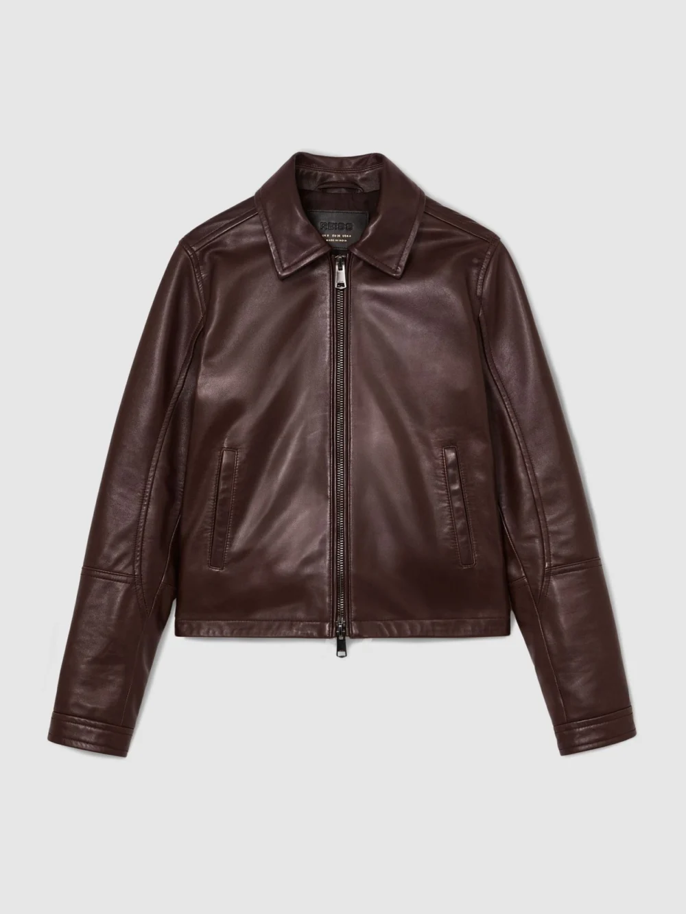 Reiss Chocolate Brown Petite Leather Zip-through Moto Jacket, view 3