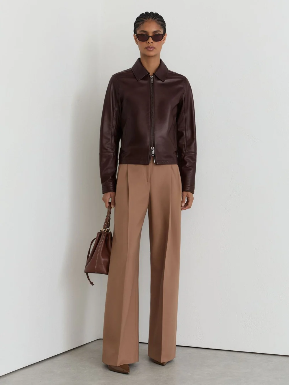 Reiss Chocolate Brown Petite Leather Zip-through Moto Jacket, view 4