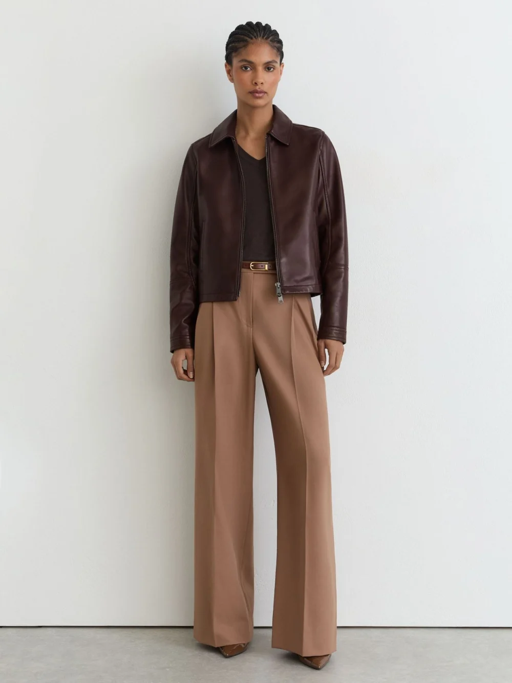 Reiss Chocolate Brown Petite Leather Zip-through Moto Jacket, view 5